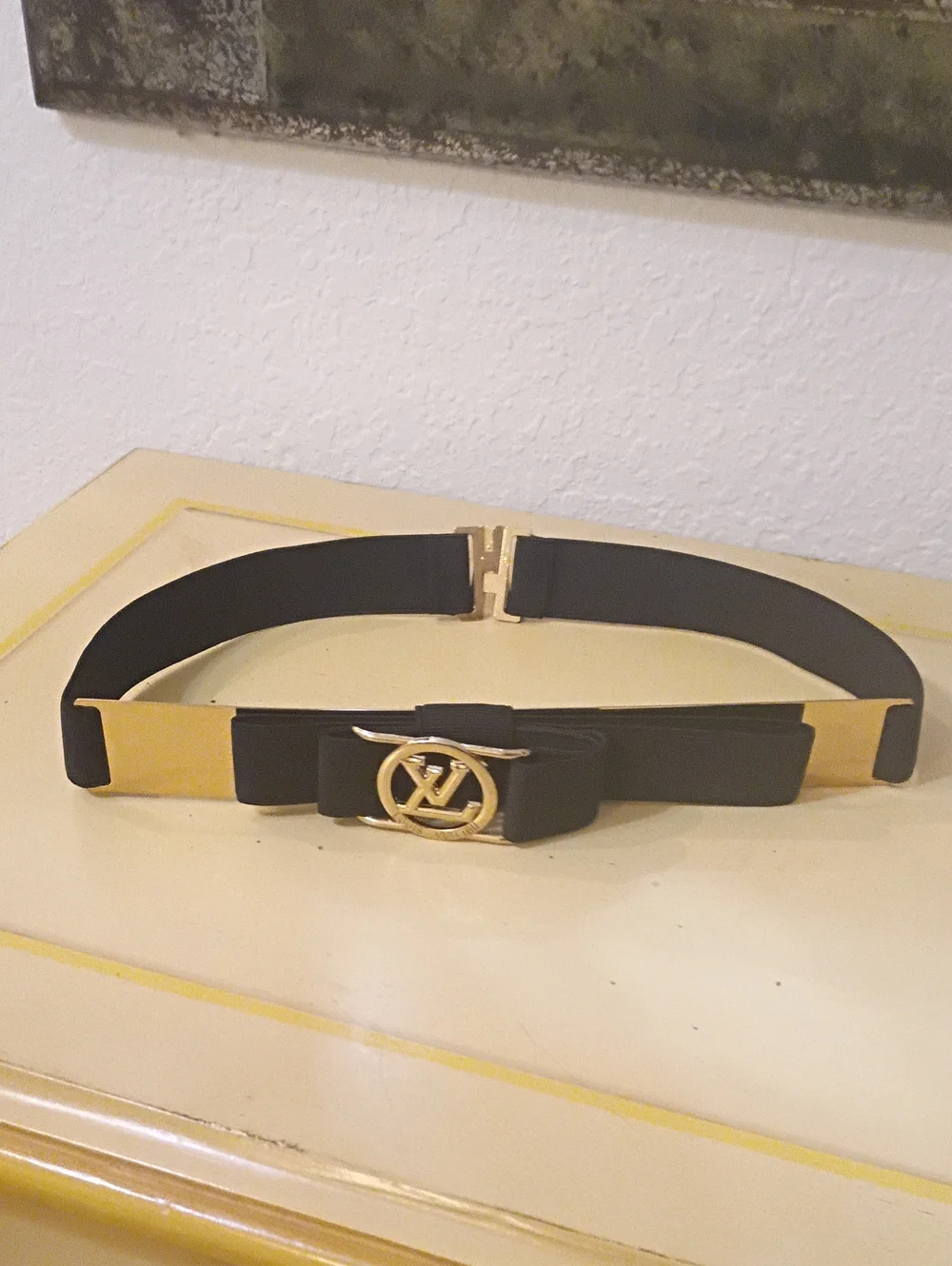 Designer-Inspired Black & Gold Waist Belt with Decorative Buckle